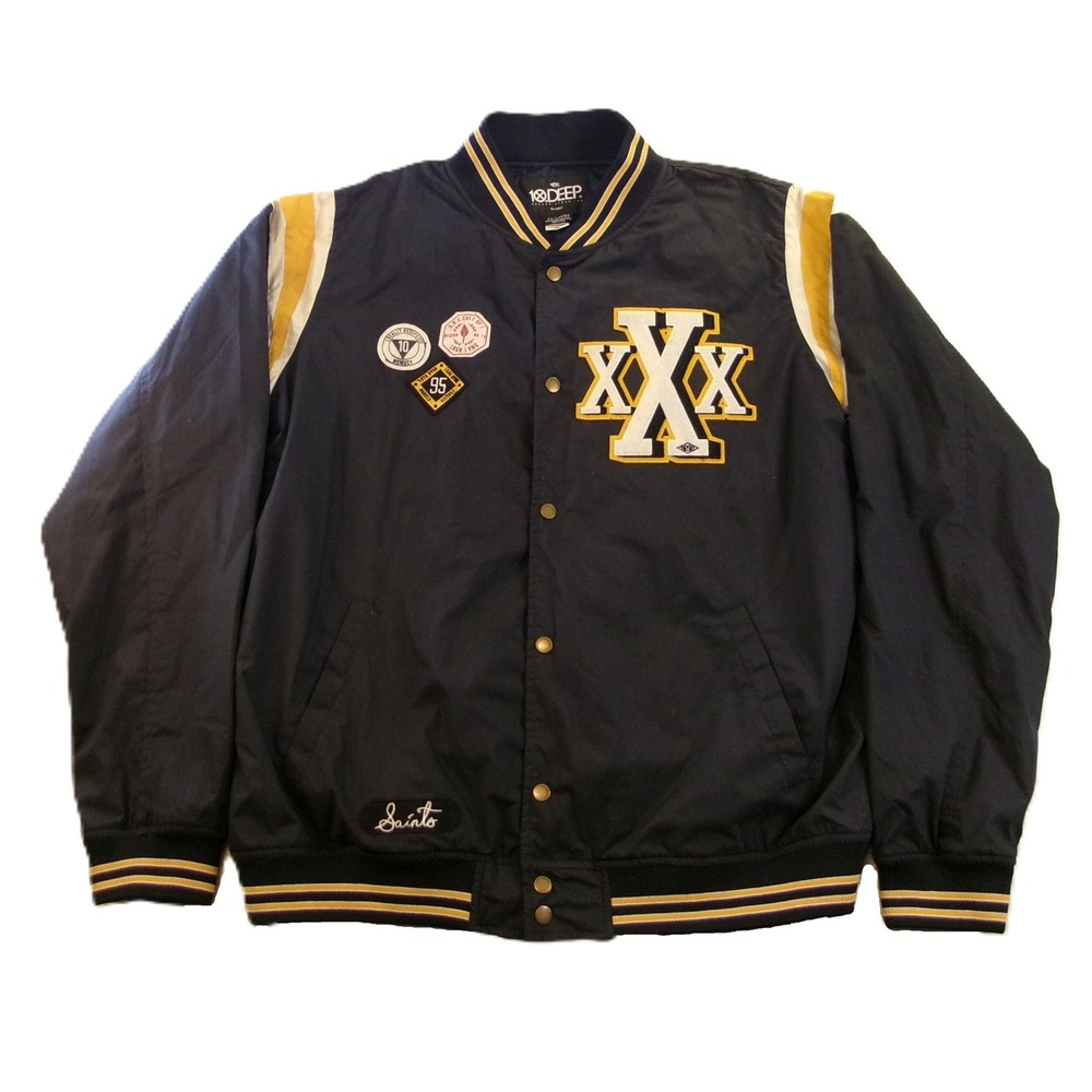 10 Deep Mens 3XL Varsity Bomber Jacket Navy Blue Embroidered Patches XXX Saints